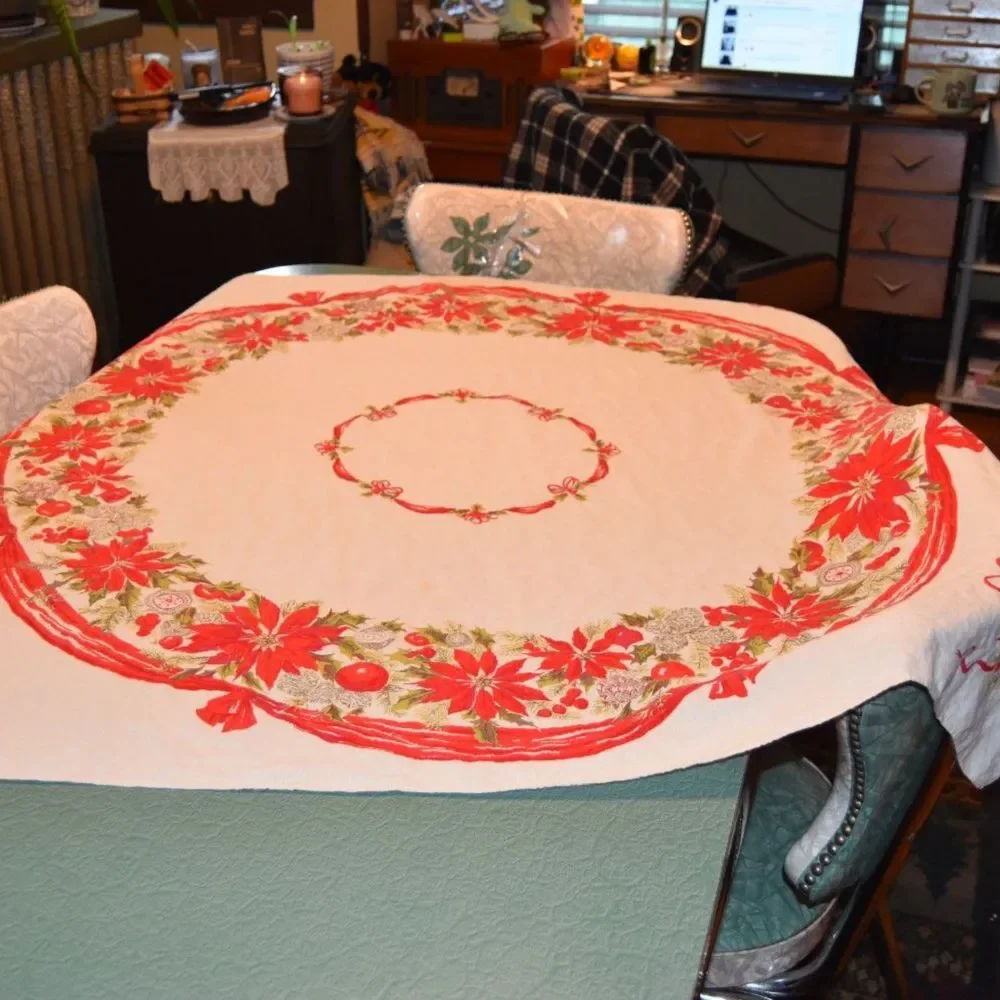 Vintage Christmas Poinsettia Tablecloth Square Holiday Red Green 50x50
